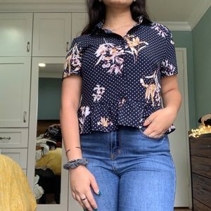 Floral/polka dot button down with ruffle